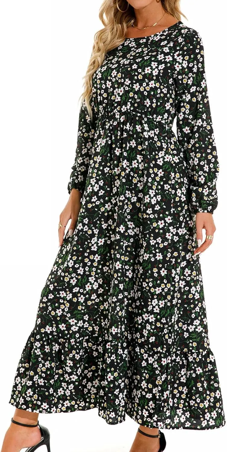 Maxi Dresses for Women Fall Small Floral Printed Elastic Waist Ruffle Hem Dress Long Sleeve Comfy Flowy Long Dresses