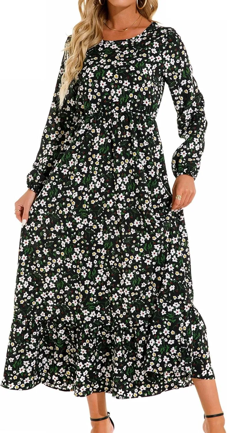 Maxi Dresses for Women Fall Small Floral Printed Elastic Waist Ruffle Hem Dress Long Sleeve Comfy Flowy Long Dresses