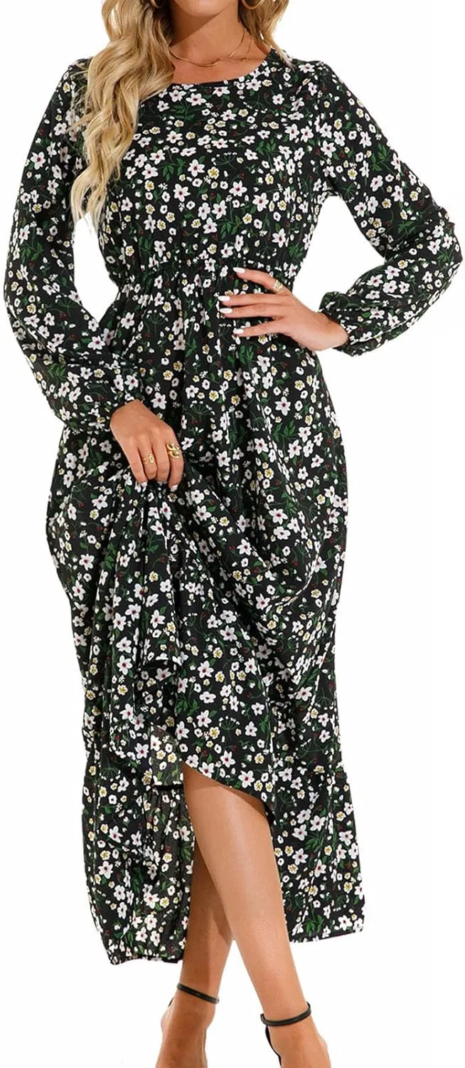 Maxi Dresses for Women Fall Small Floral Printed Elastic Waist Ruffle Hem Dress Long Sleeve Comfy Flowy Long Dresses