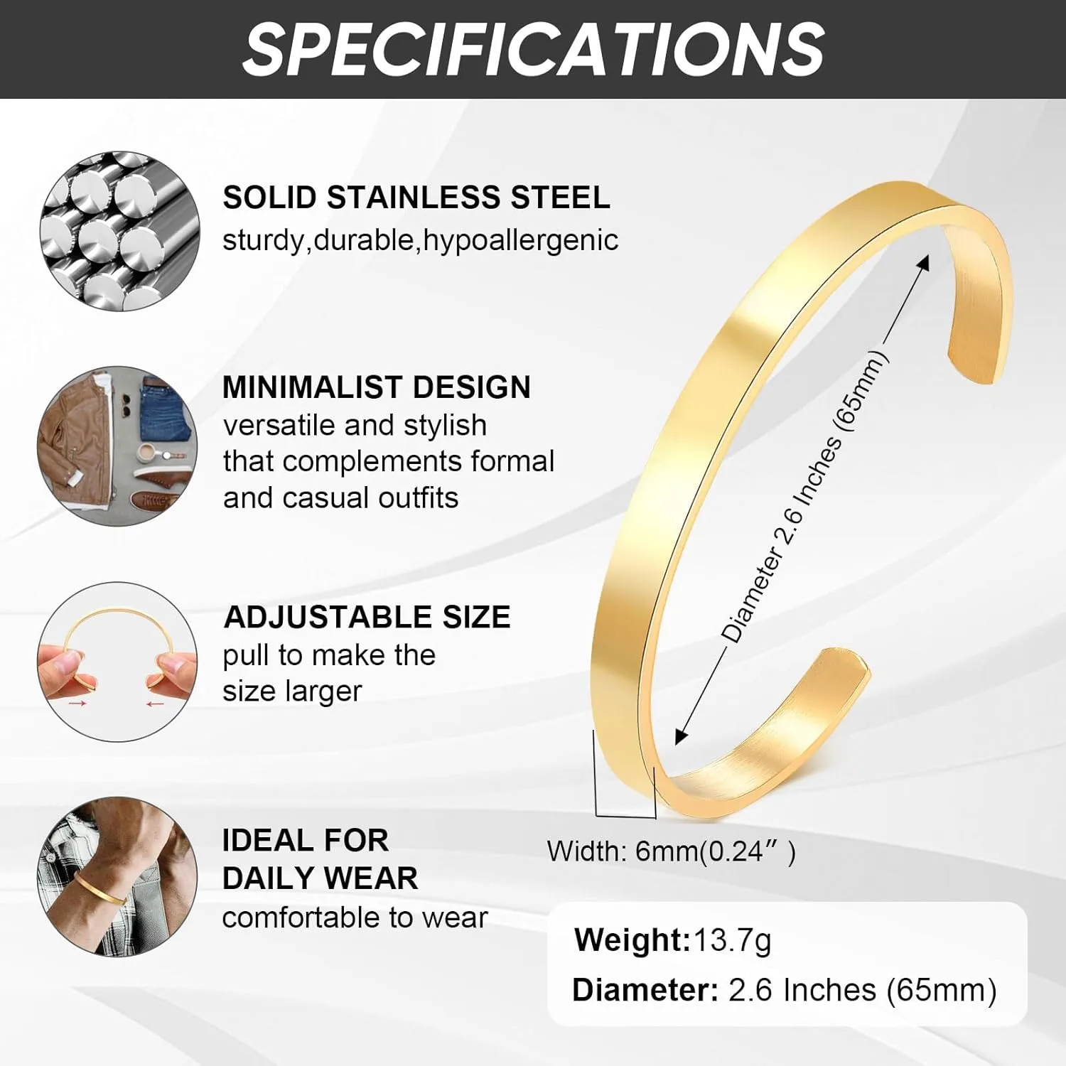 MEALGUET Stainless Steel Mens Cuff Bracelet : Minimal Cool Antique Retro/Silver/Black Open Metal Cuff Bangle Bracelets for Men Boy,65mm,