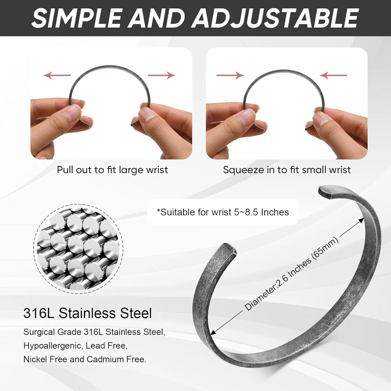MEALGUET Stainless Steel Mens Cuff Bracelet : Minimal Cool Antique Retro/Silver/Black Open Metal Cuff Bangle Bracelets for Men Boy,65mm,