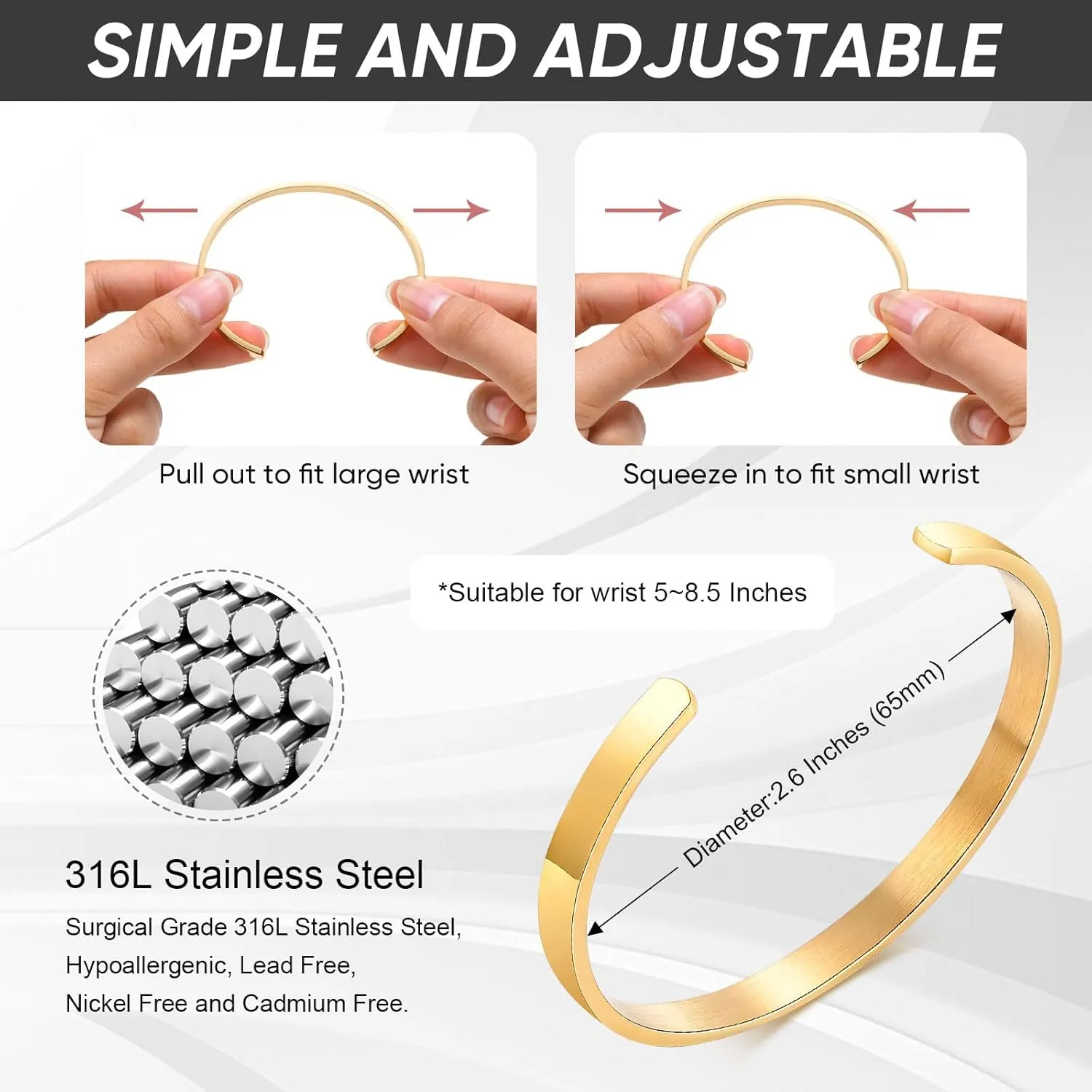 MEALGUET Stainless Steel Mens Cuff Bracelet : Minimal Cool Antique Retro/Silver/Black Open Metal Cuff Bangle Bracelets for Men Boy,65mm,