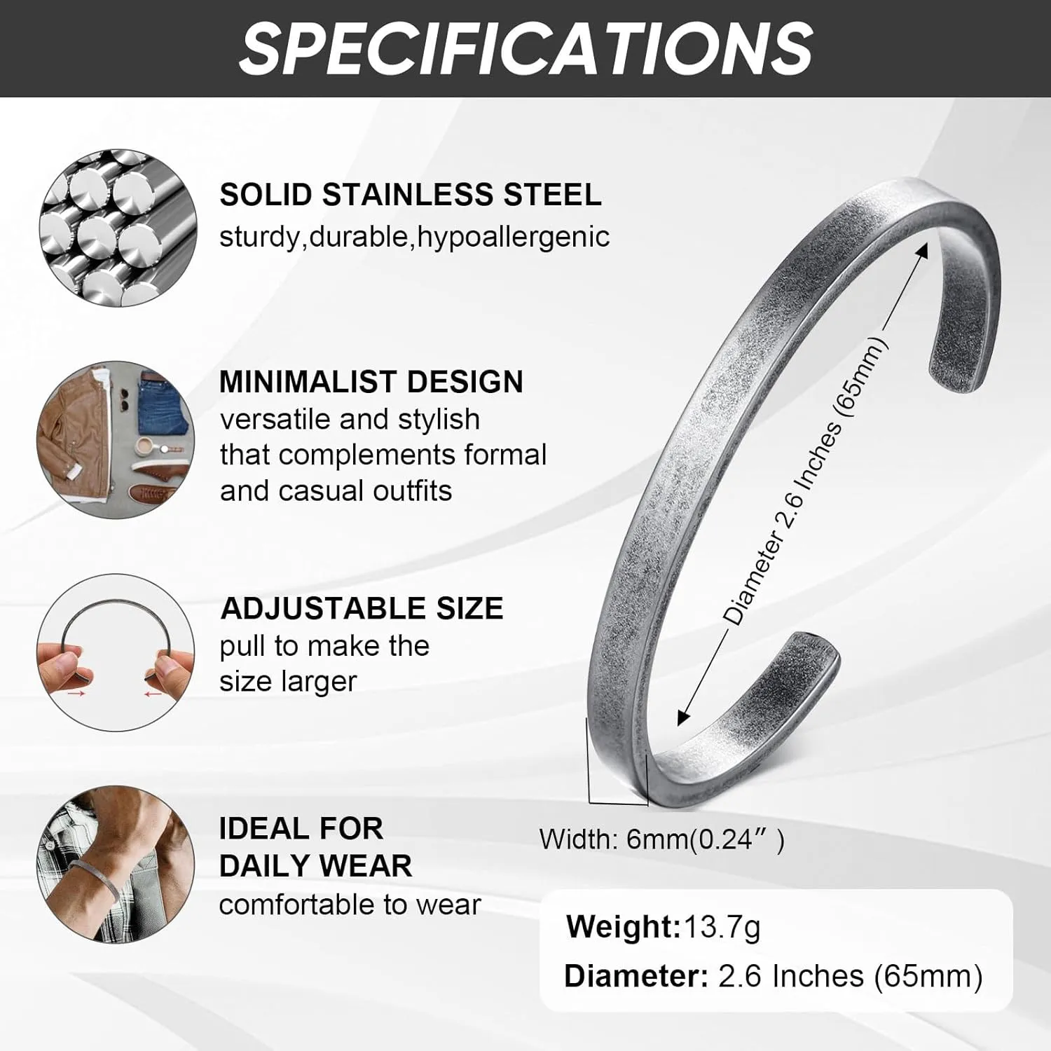 MEALGUET Stainless Steel Mens Cuff Bracelet : Minimal Cool Antique Retro/Silver/Black Open Metal Cuff Bangle Bracelets for Men Boy,65mm,