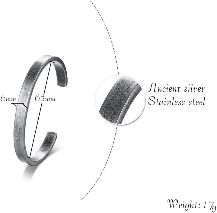 MEALGUET Stainless Steel Mens Cuff Bracelet : Minimal Cool Antique Retro/Silver/Black Open Metal Cuff Bangle Bracelets for Men Boy,65mm,