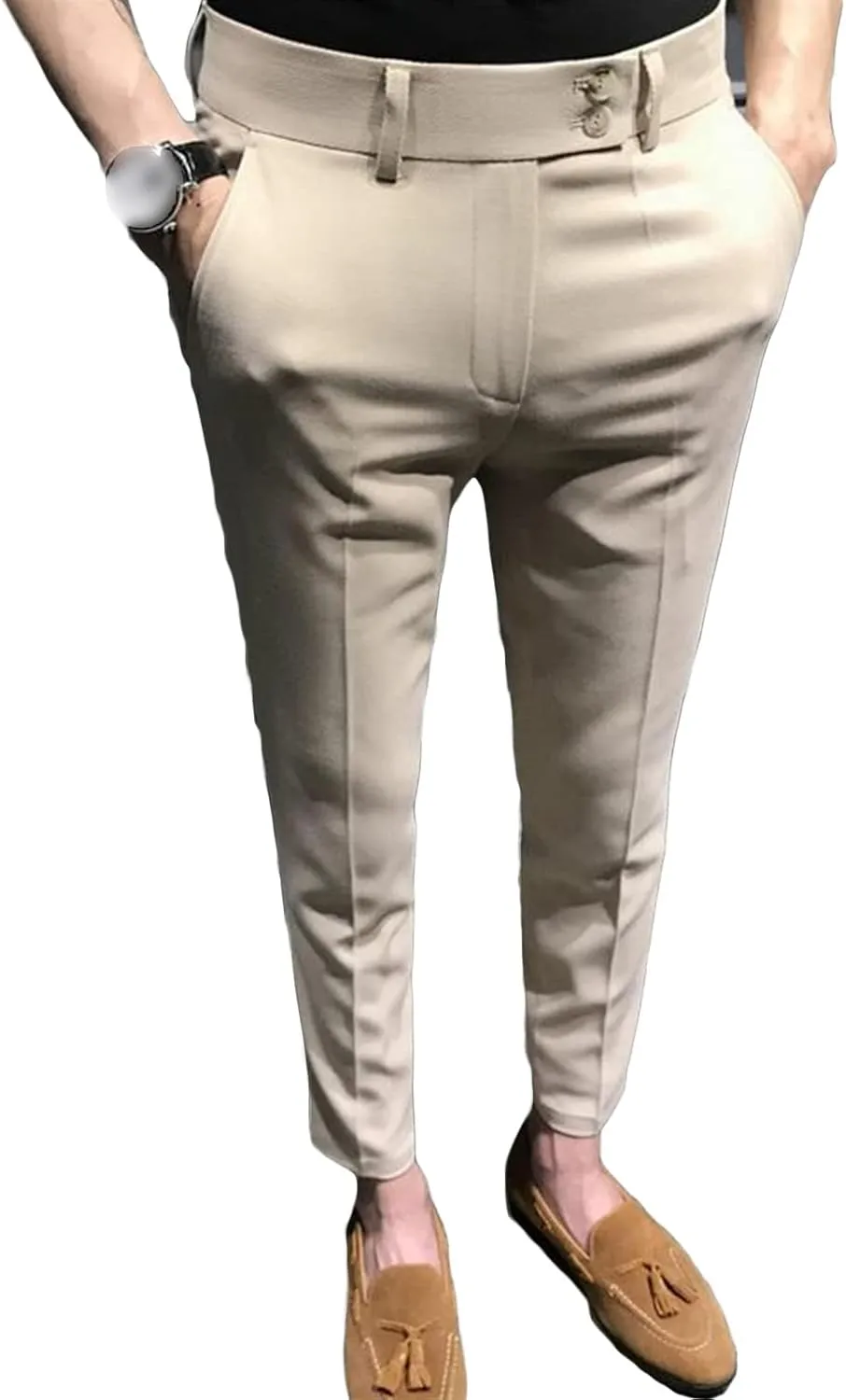 Men'S Chino Flat-Front Slim-Fit Pant Stretch Business Suit Pants Comfy Casual Straight Pants (36,Khaki)