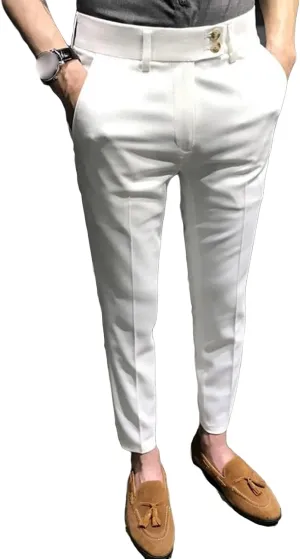 Men's Chino Flat-Front Slim-Fit Pant Stretch Business Suit Pants Comfy Casual Straight Pants (36,White)