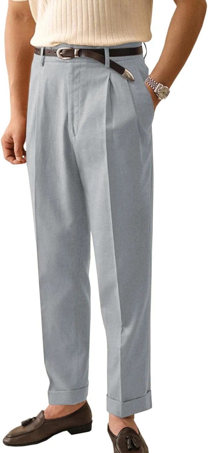 Men's Linen Dress Pants Vintage Relaxed Fit Straight Legs Linen Blend Elastic Waist Pants