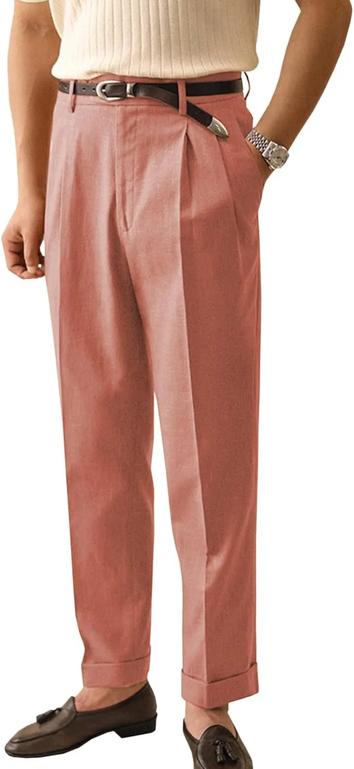 Men's Linen Dress Pants Vintage Relaxed Fit Straight Legs Linen Blend Elastic Waist Pants