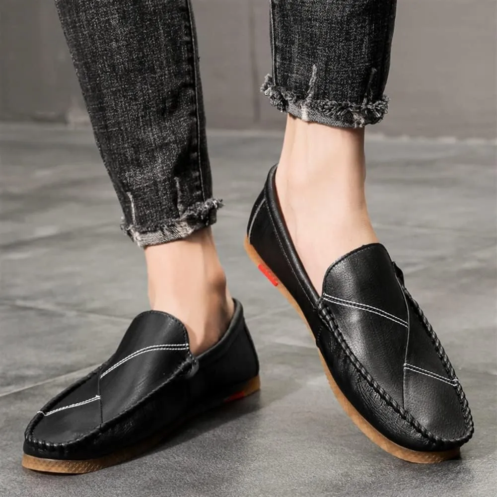 Men's Loafers Vegan Leather Stitching Details Rubber Sole Round Toe Flat Heel Comfortable Slip Resistant Casual Slip-on