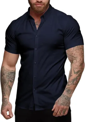 Men's Muscle Fit Dress Shirts Slim Fit Button Down Short Sleeve Shirts