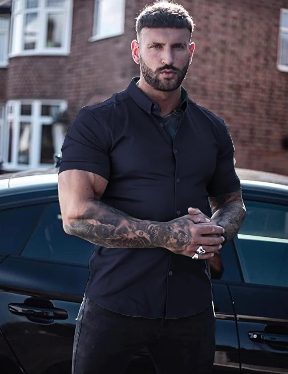 Men's Muscle Fit Dress Shirts Slim Fit Button Down Short Sleeve Shirts