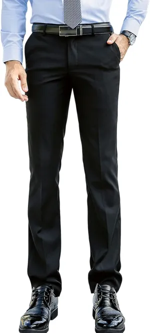 Men's Slim-Fit Flat-Front Dress Pant Classic Business Chino Trousers Solid Color Skinny Comfort Wedding Pant (29,Black)