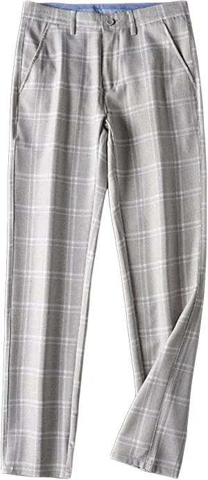 Men's Slim-Fit Flat-Front Dress Pant Straight Fit Plaid Stretch Skinny Casual Business Dress Chinos Pants (32,Green)