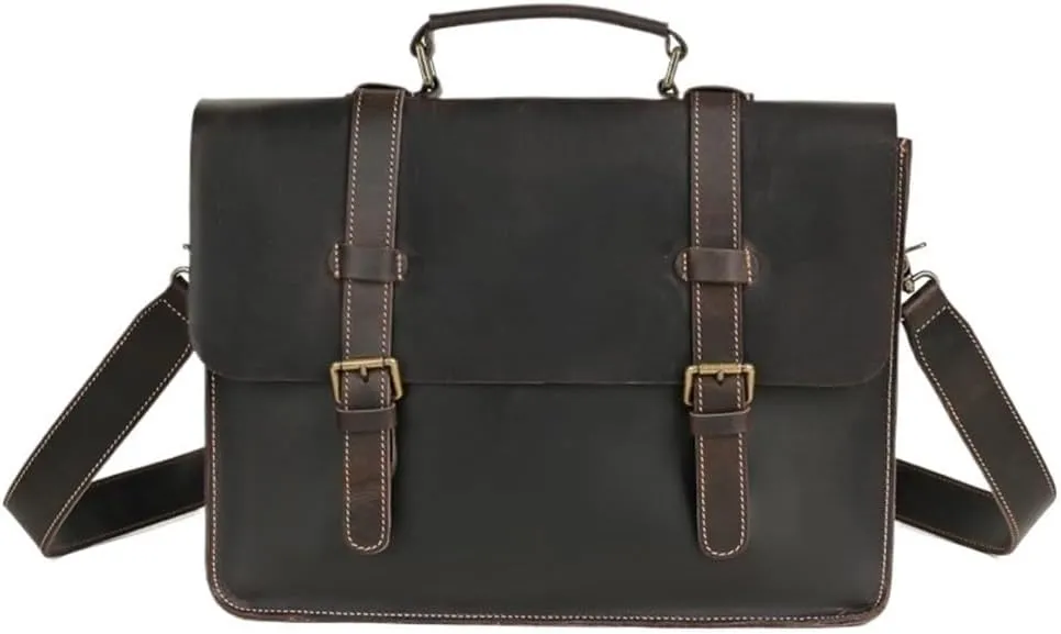 Mens Vintage Leather Briefcase Waterproof Anti Theft Business Travel Vacation Office Laptop Bag with Adjustable