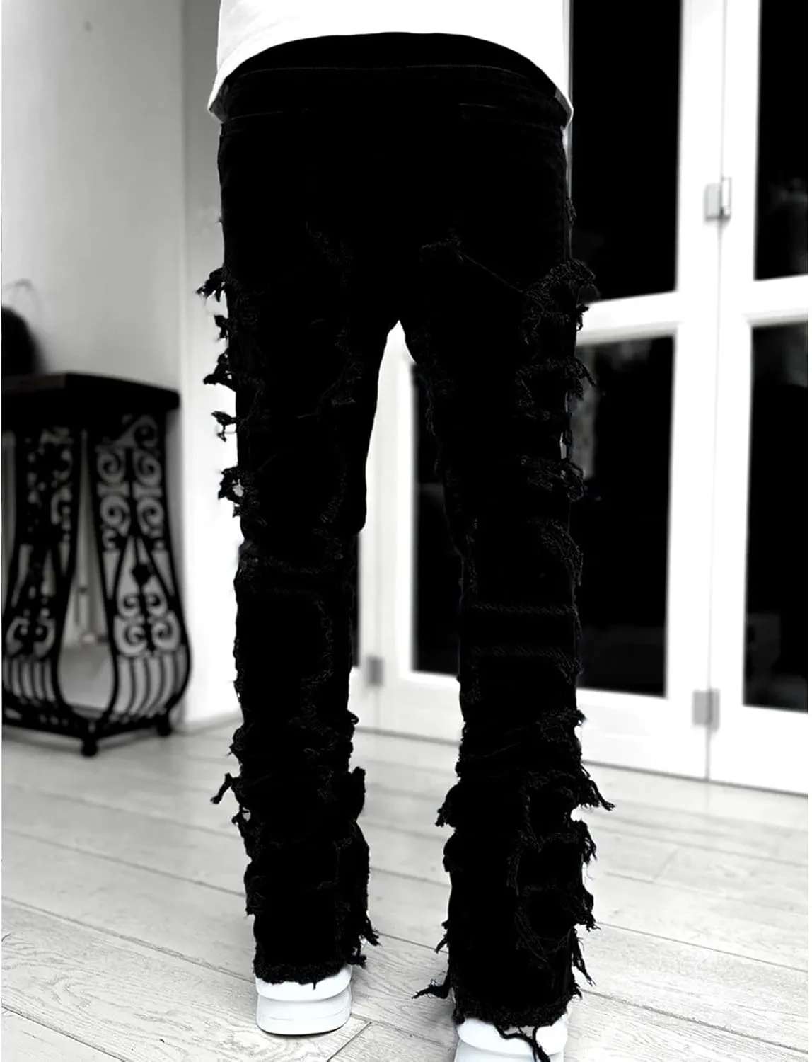 Mens Vintage Ripped Flared Leg Stacked Jeans Patchwork Bell Bottom Regular Fit 70s Hip Hop Distressed Denim Pants