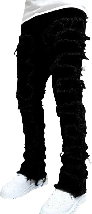 Mens Vintage Ripped Flared Leg Stacked Jeans Patchwork Bell Bottom Regular Fit 70s Hip Hop Distressed Denim Pants