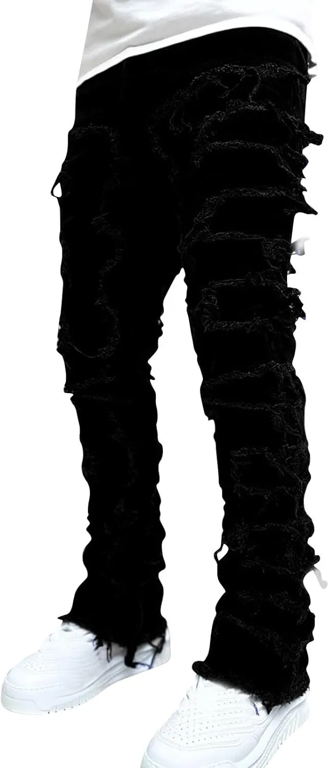 Mens Vintage Ripped Flared Leg Stacked Jeans Patchwork Bell Bottom Regular Fit 70s Hip Hop Distressed Denim Pants