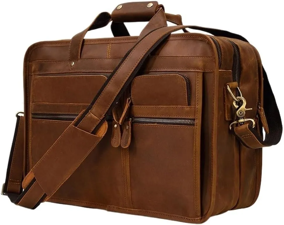 Mens Waterproof Vintage Business Travel Bag Leather Messenger Briefcase Vacation Work Computer Hand Carry on