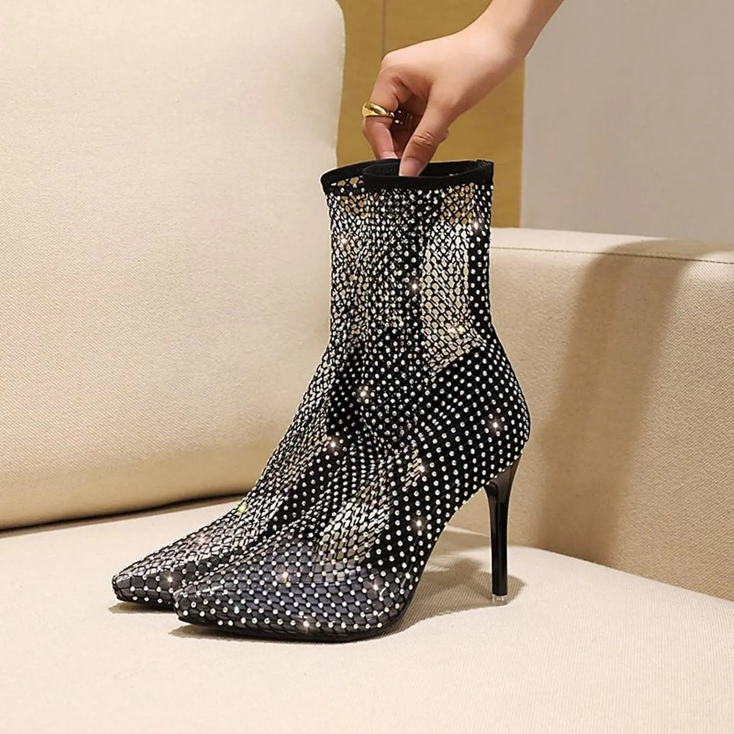 Mesh Ankle Boots for Women Fashion Sexy Sheer Sparkly Dress Pump Boots Rhinestone Pointed Toe Stiletto Glitter High Heel Shoes Wedding Party Shoes Mid Calf Boots