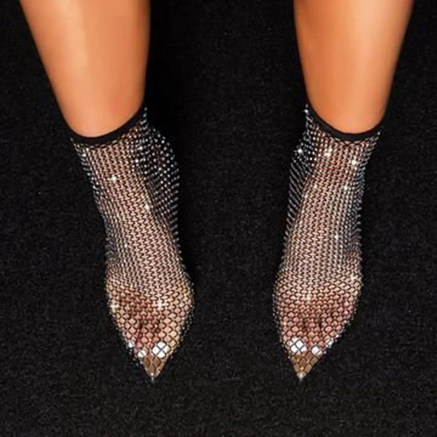 Mesh Ankle Boots for Women Fashion Sexy Sheer Sparkly Dress Pump Boots Rhinestone Pointed Toe Stiletto Glitter High Heel Shoes Wedding Party Shoes Mid Calf Boots