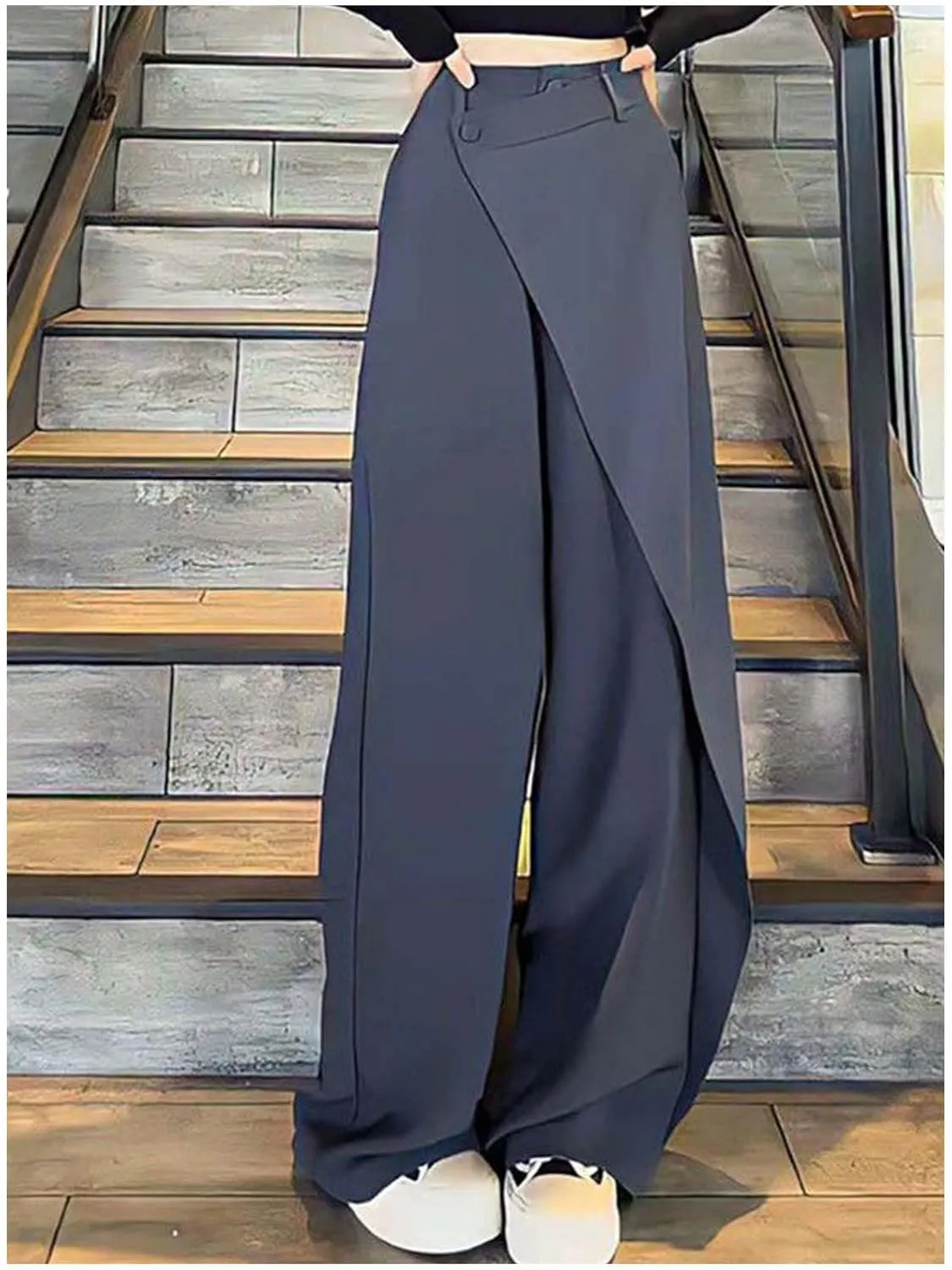 MLAFE High Waisted Loose Fit Business Casual Work Trousers Long Straight Suit Pants Women Asymmetrical Dressy Trousers