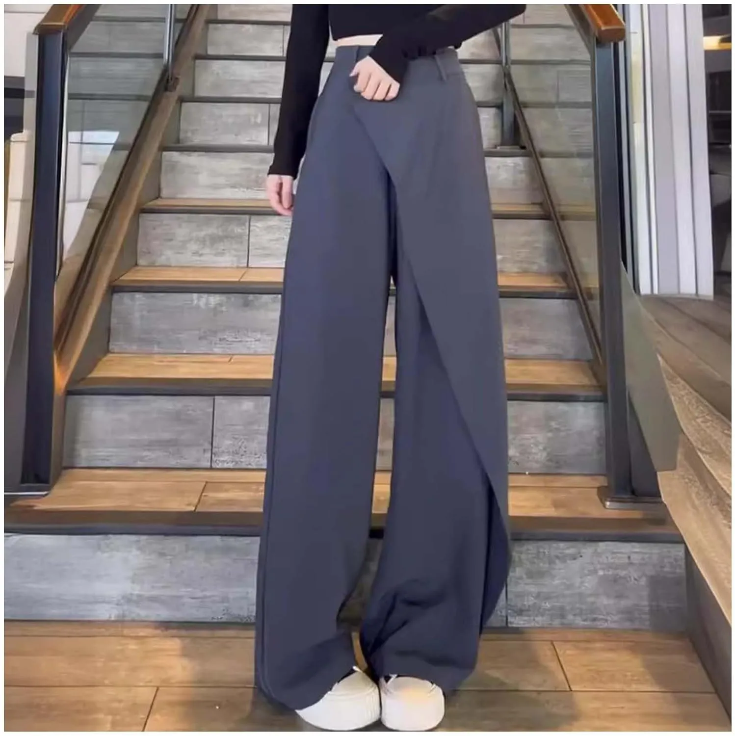MLAFE High Waisted Loose Fit Business Casual Work Trousers Long Straight Suit Pants Women Asymmetrical Dressy Trousers