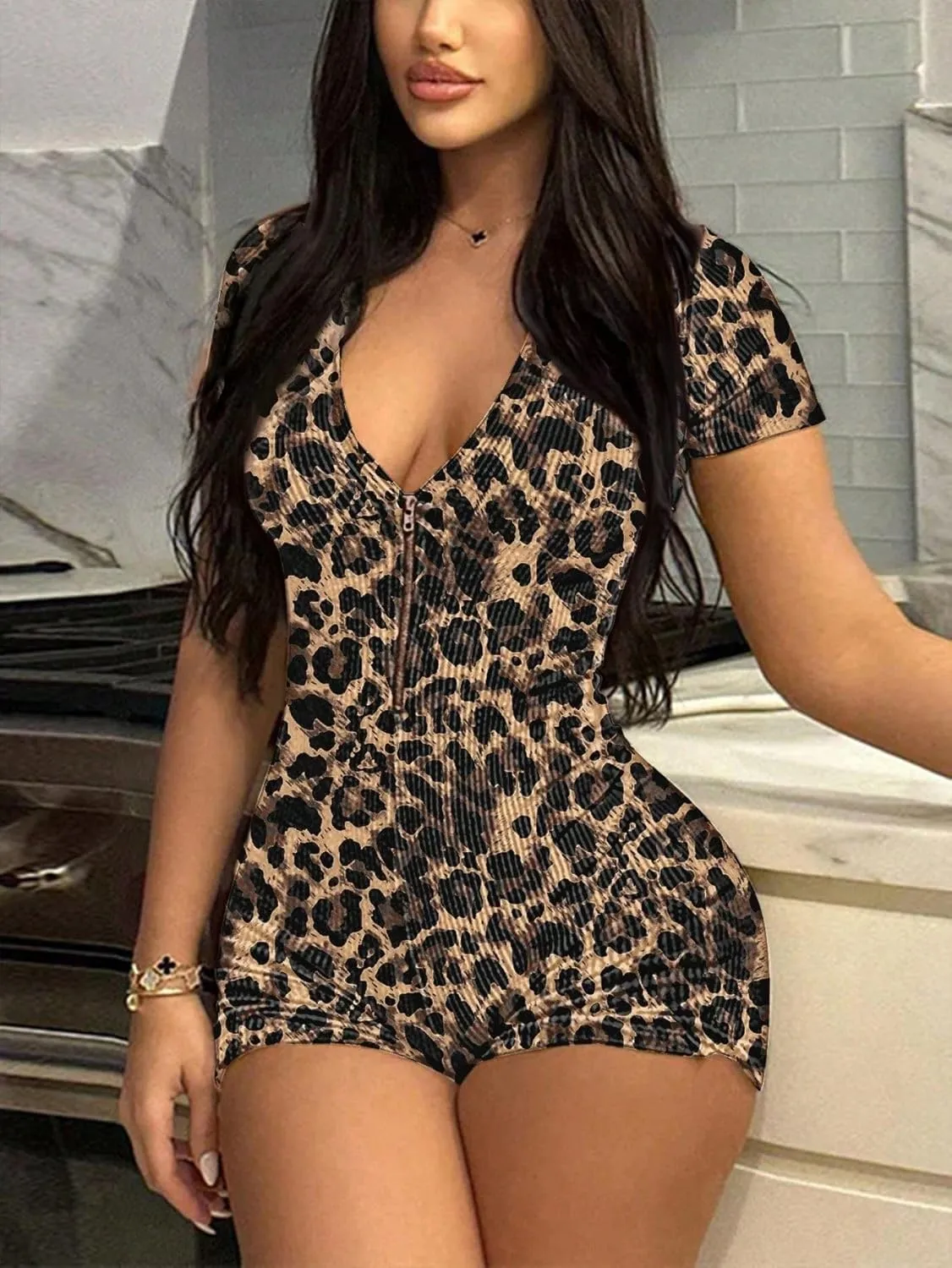 Molilove Women's Sexy Cheetah Print Jumpsuits Short Sleeve V Neck Zipper Bodycon Shorts Romper Y2K One Piece Outfits Clubwear
