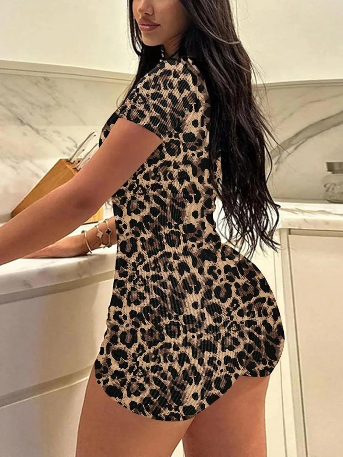 Molilove Women's Sexy Cheetah Print Jumpsuits Short Sleeve V Neck Zipper Bodycon Shorts Romper Y2K One Piece Outfits Clubwear