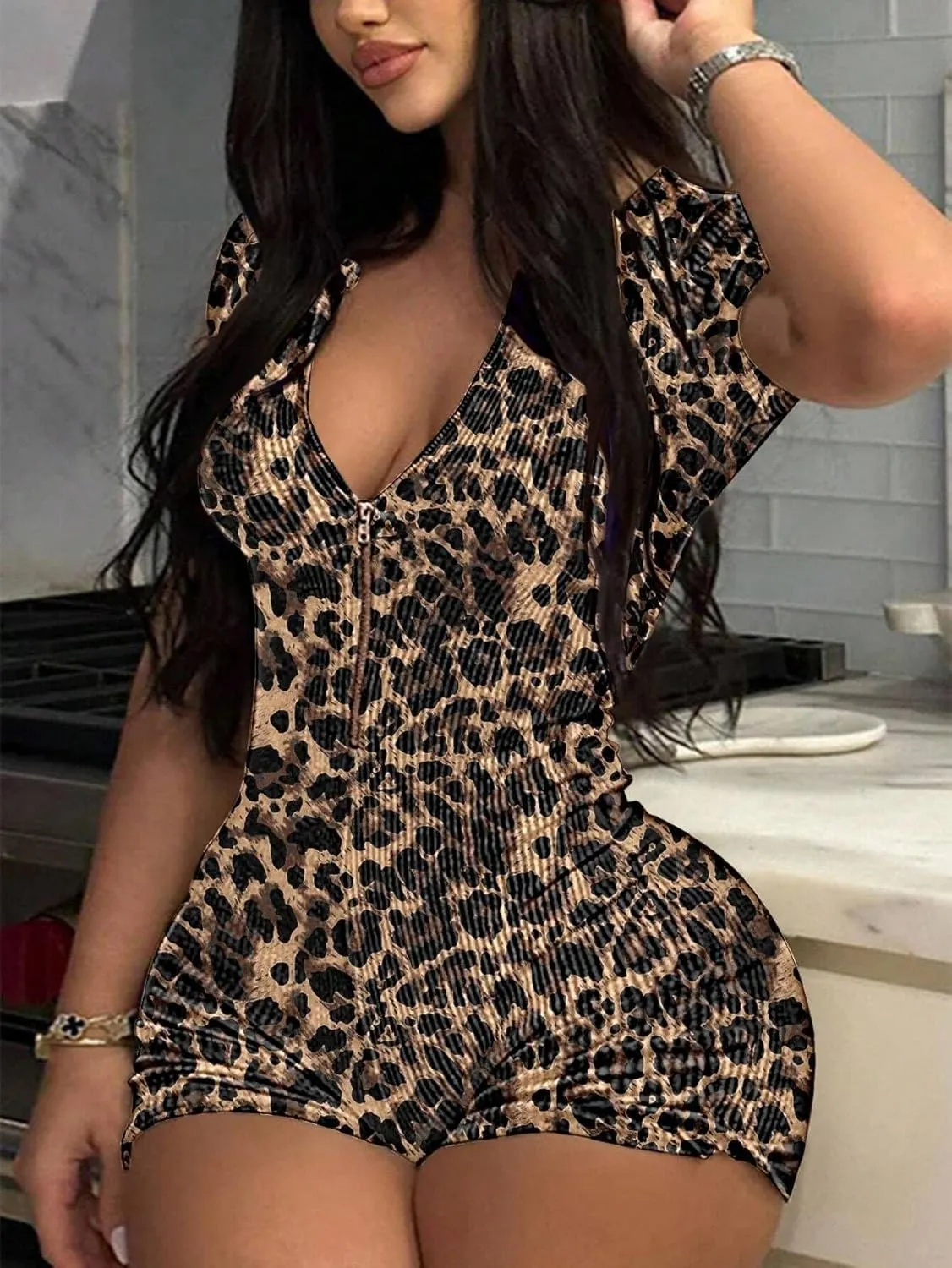 Molilove Women's Sexy Cheetah Print Jumpsuits Short Sleeve V Neck Zipper Bodycon Shorts Romper Y2K One Piece Outfits Clubwear