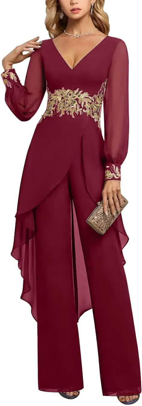 Mother of The Bride Pant Suits 2 Pieces Chiffon Pant Suits for Women Dressy Wedding