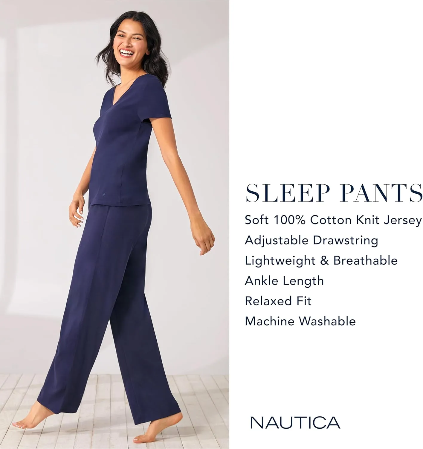 Nautica Womens Sleep Pants - Long Length, Breathable Pajama Bottoms - Cotton Knit Jersey Sleepwear and Loungewear