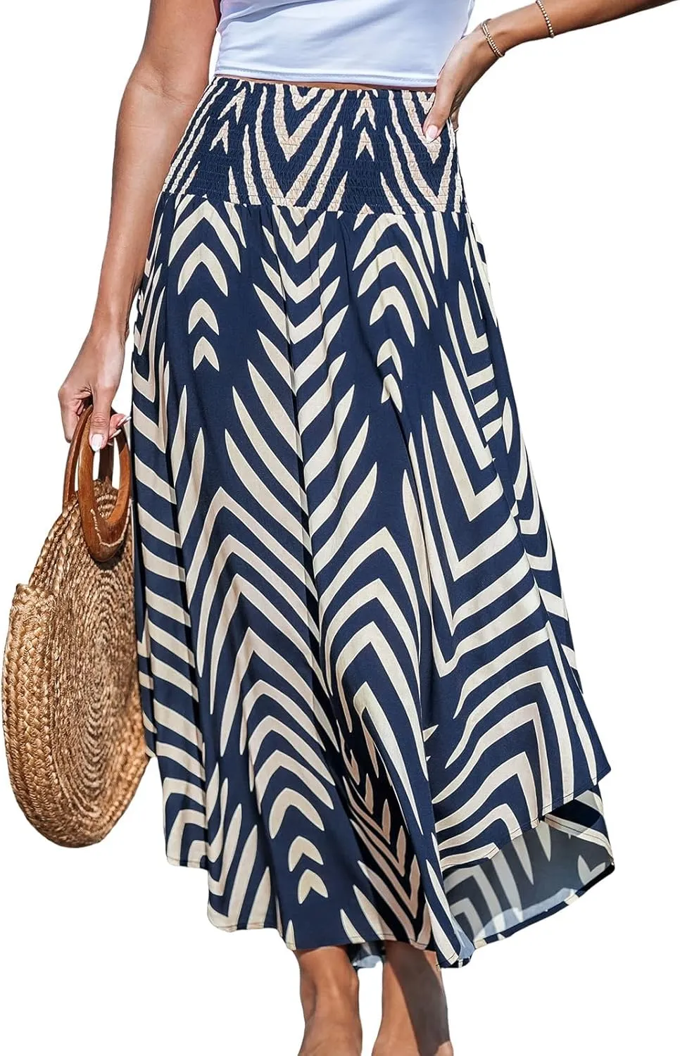 Navy Abstract Smocked Midi Skirt High Waist Coverup Casual Vacation Smocked High Waist Maxi Skirt Boho Long Skirts for Women