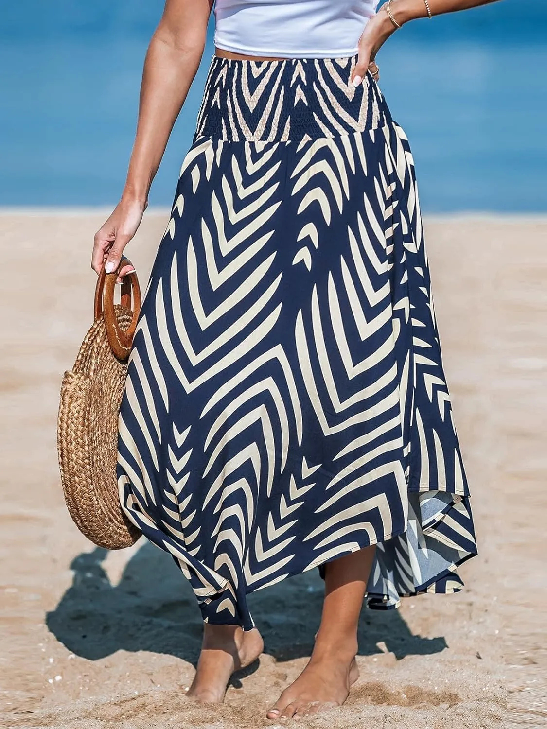 Navy Abstract Smocked Midi Skirt High Waist Coverup Casual Vacation Smocked High Waist Maxi Skirt Boho Long Skirts for Women