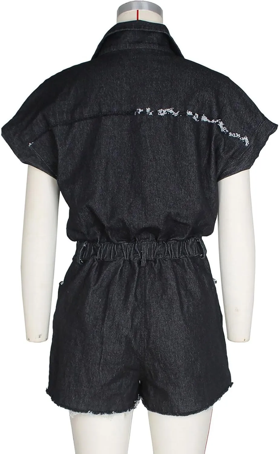 Nihsatin Women's Black Denim Washed Distressed Romper Button Down Jeans Playsuits