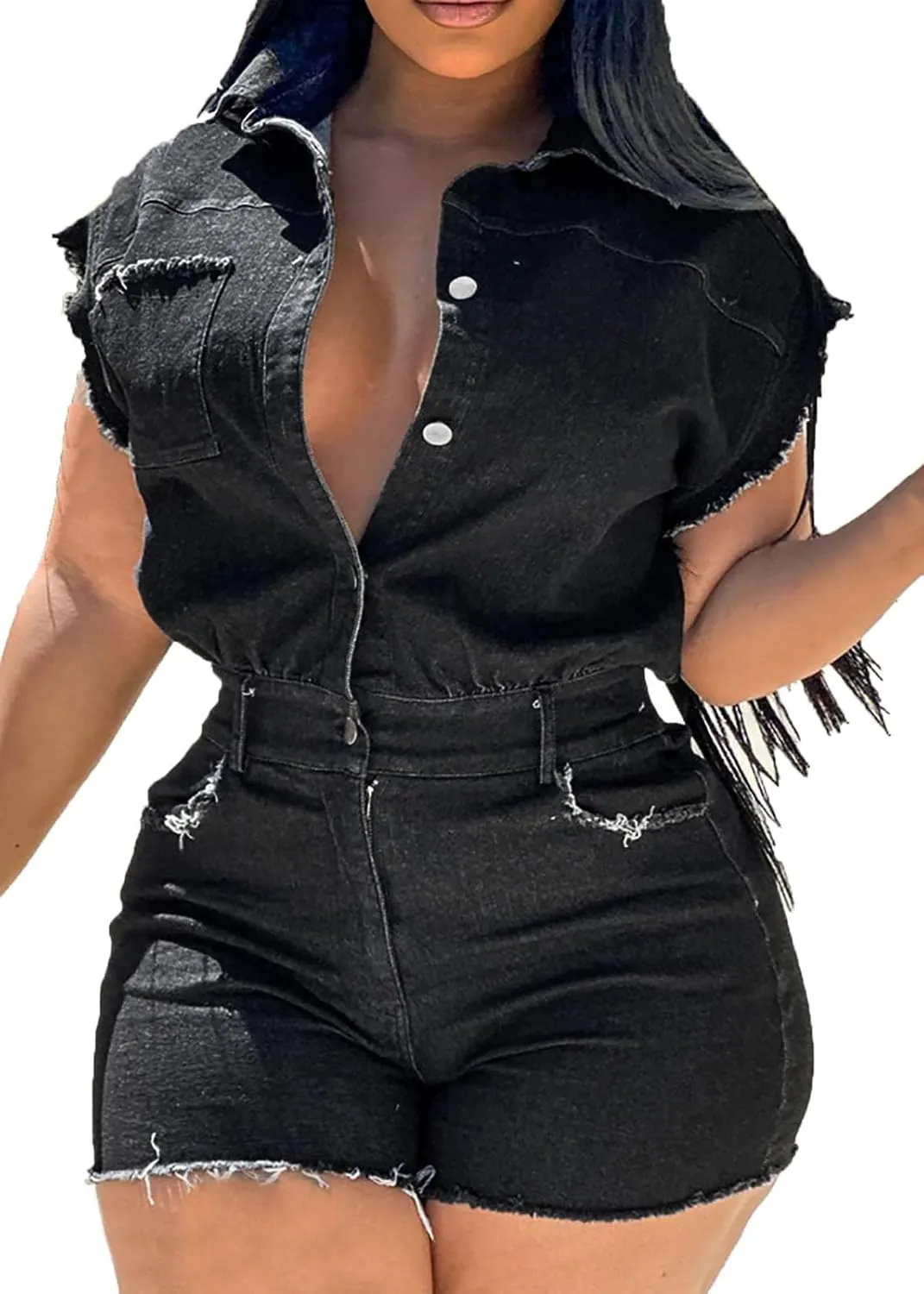 Nihsatin Women's Black Denim Washed Distressed Romper Button Down Jeans Playsuits