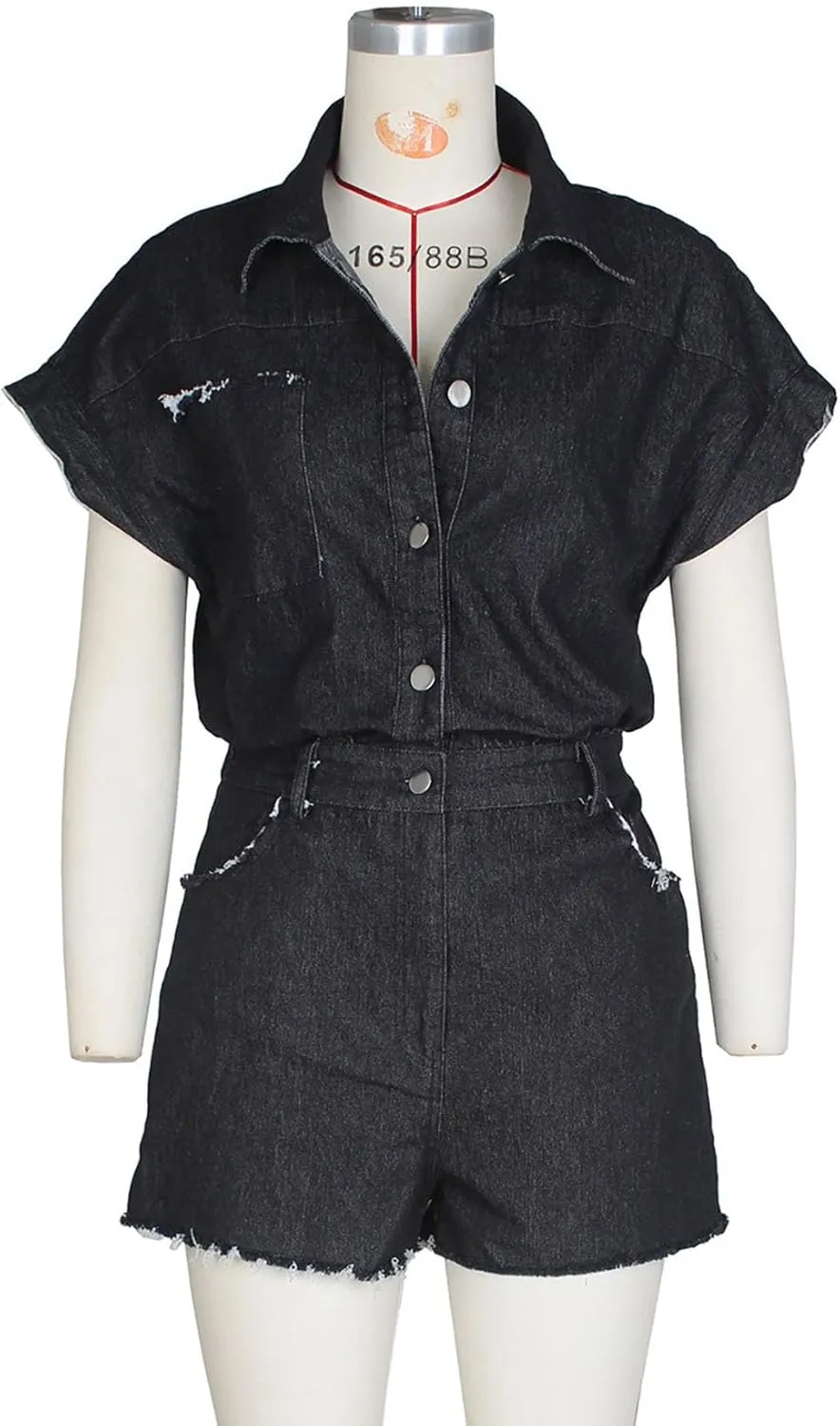 Nihsatin Women's Black Denim Washed Distressed Romper Button Down Jeans Playsuits