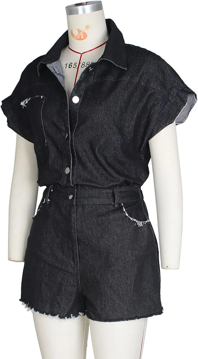 Nihsatin Women's Black Denim Washed Distressed Romper Button Down Jeans Playsuits