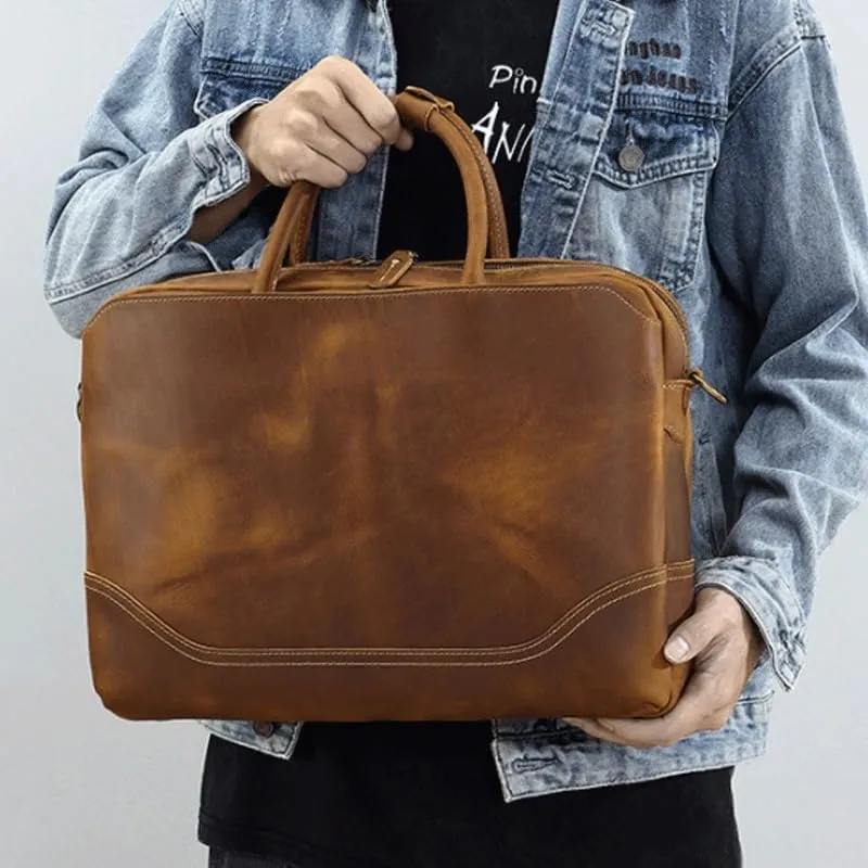 Nordic Vintage Cowhide Men's Handbag Business Briefcase 14.9 Inch Computer Bag for Office Commute