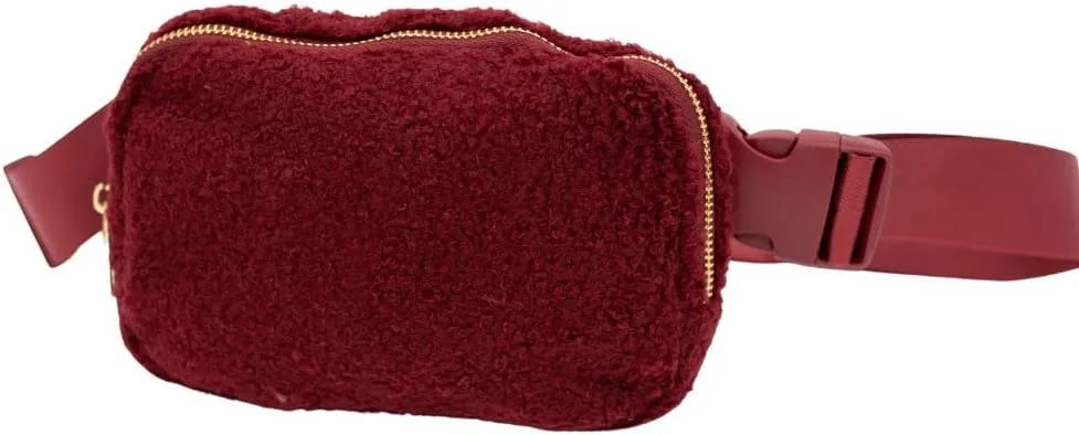 Nylon Fanny Pack, Fashion Waist Pack Bag, Adjustable Fanny Bag, for Women, Men, and Kids (Burgundy Sherpa)