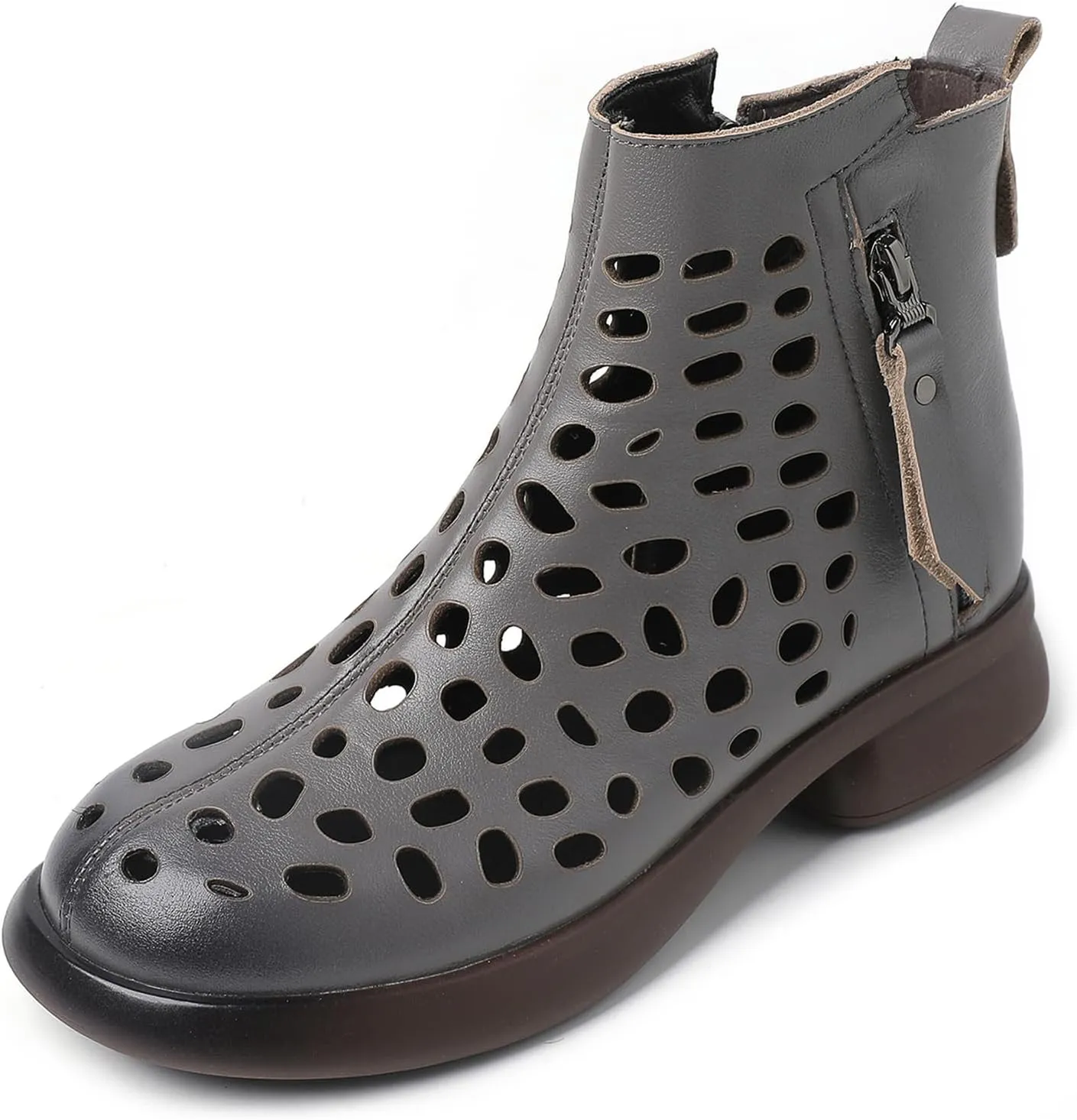 Optigard Women's Hollow Leather Soft Sole Ankle Boots Summer Round Toe Breathable Comfort Side Zipper Booties Sandals Casual Dress Booties