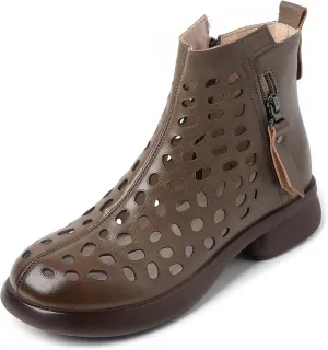 Optigard Women's Hollow Leather Soft Sole Ankle Boots Summer Round Toe Breathable Comfort Side Zipper Booties Sandals Casual Dress Booties