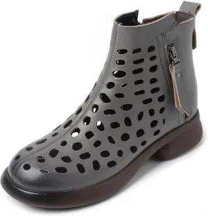 Optigard Women's Hollow Leather Soft Sole Ankle Boots Summer Round Toe Breathable Comfort Side Zipper Booties Sandals Casual Dress Booties