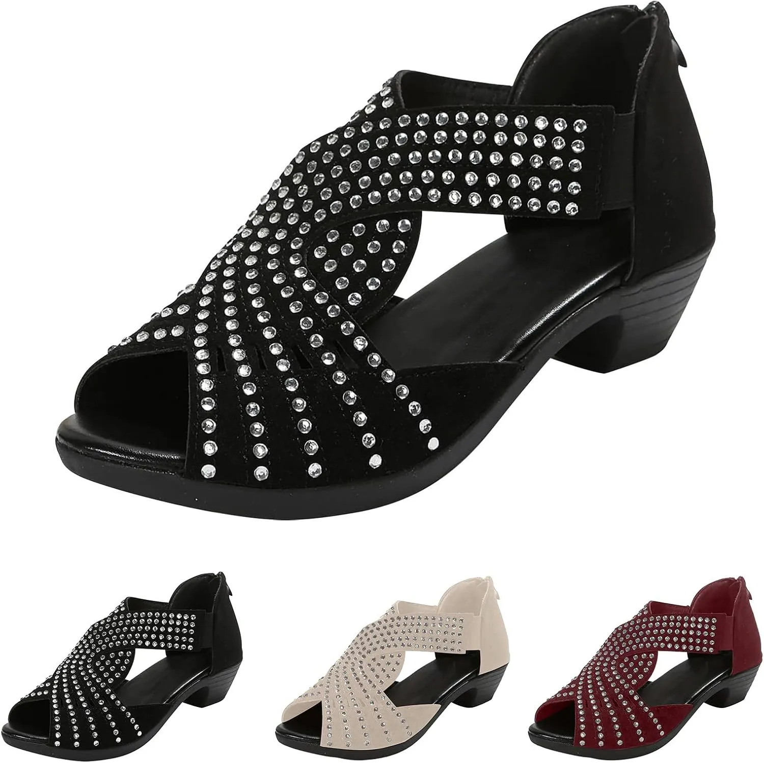 Orthopedic Low Heel Sandals for Women Sparkly Rhinestone Open Toe Sandal Dressy Cut Out Sandals Comfortable Fish Mouth Shoes Business Office Shoes with Arch Support