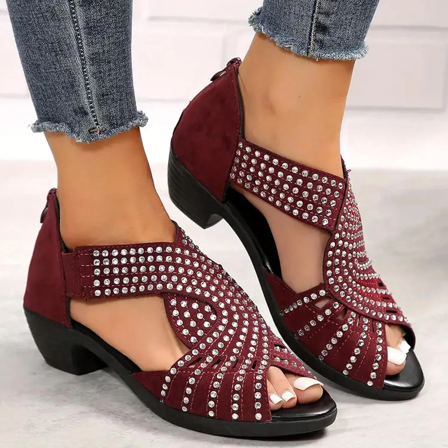 Orthopedic Low Heel Sandals for Women Sparkly Rhinestone Open Toe Sandal Dressy Cut Out Sandals Comfortable Fish Mouth Shoes Business Office Shoes with Arch Support