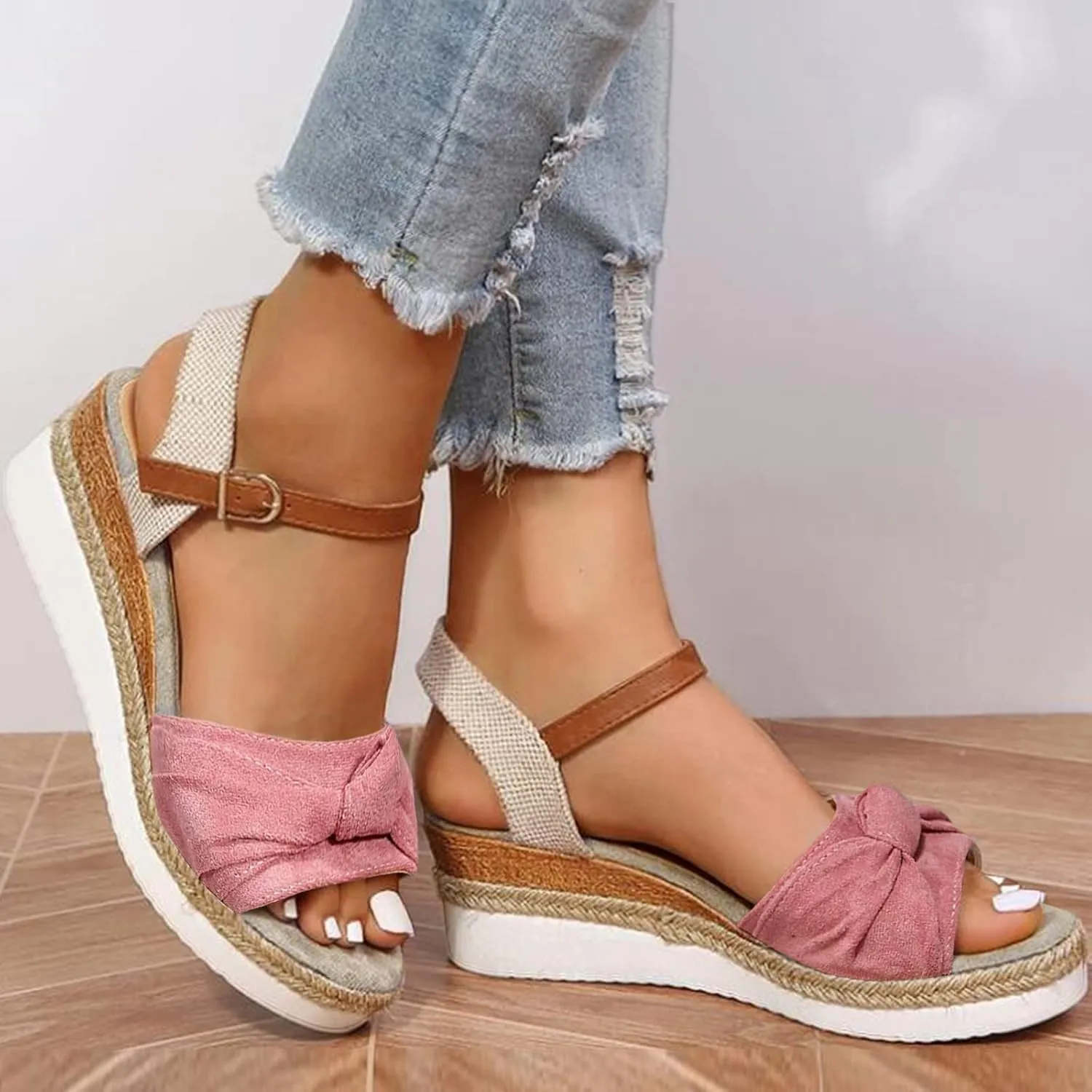 Orthopedic Platform Wedge Sandals for Women Summer Dressy 2025 Flat Open Toe Ankle Strap Espadrilles Sandals Zipper Casual Strappy Slip on Sandals Beach Boho Sandals Comfortable Outdoor Shoes (7.5)