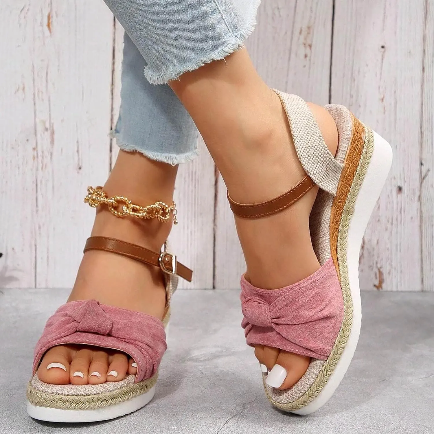 Orthopedic Platform Wedge Sandals for Women Summer Dressy 2025 Flat Open Toe Ankle Strap Espadrilles Sandals Zipper Casual Strappy Slip on Sandals Beach Boho Sandals Comfortable Outdoor Shoes (7.5)