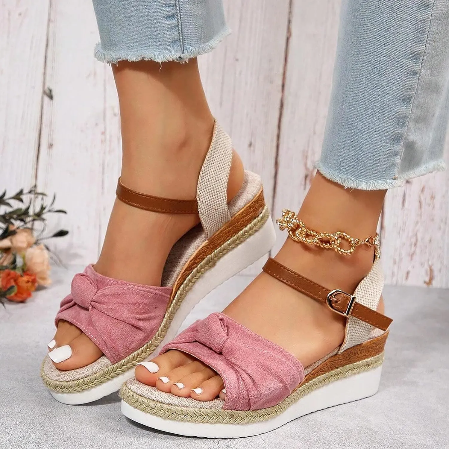 Orthopedic Platform Wedge Sandals for Women Summer Dressy 2025 Flat Open Toe Ankle Strap Espadrilles Sandals Zipper Casual Strappy Slip on Sandals Beach Boho Sandals Comfortable Outdoor Shoes (7.5)