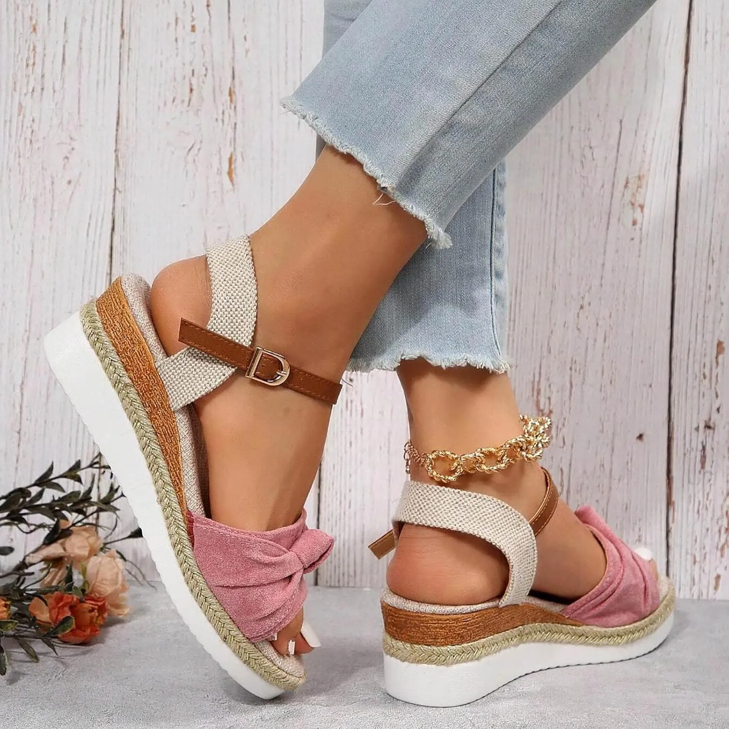 Orthopedic Platform Wedge Sandals for Women Summer Dressy 2025 Flat Open Toe Ankle Strap Espadrilles Sandals Zipper Casual Strappy Slip on Sandals Beach Boho Sandals Comfortable Outdoor Shoes (7.5)
