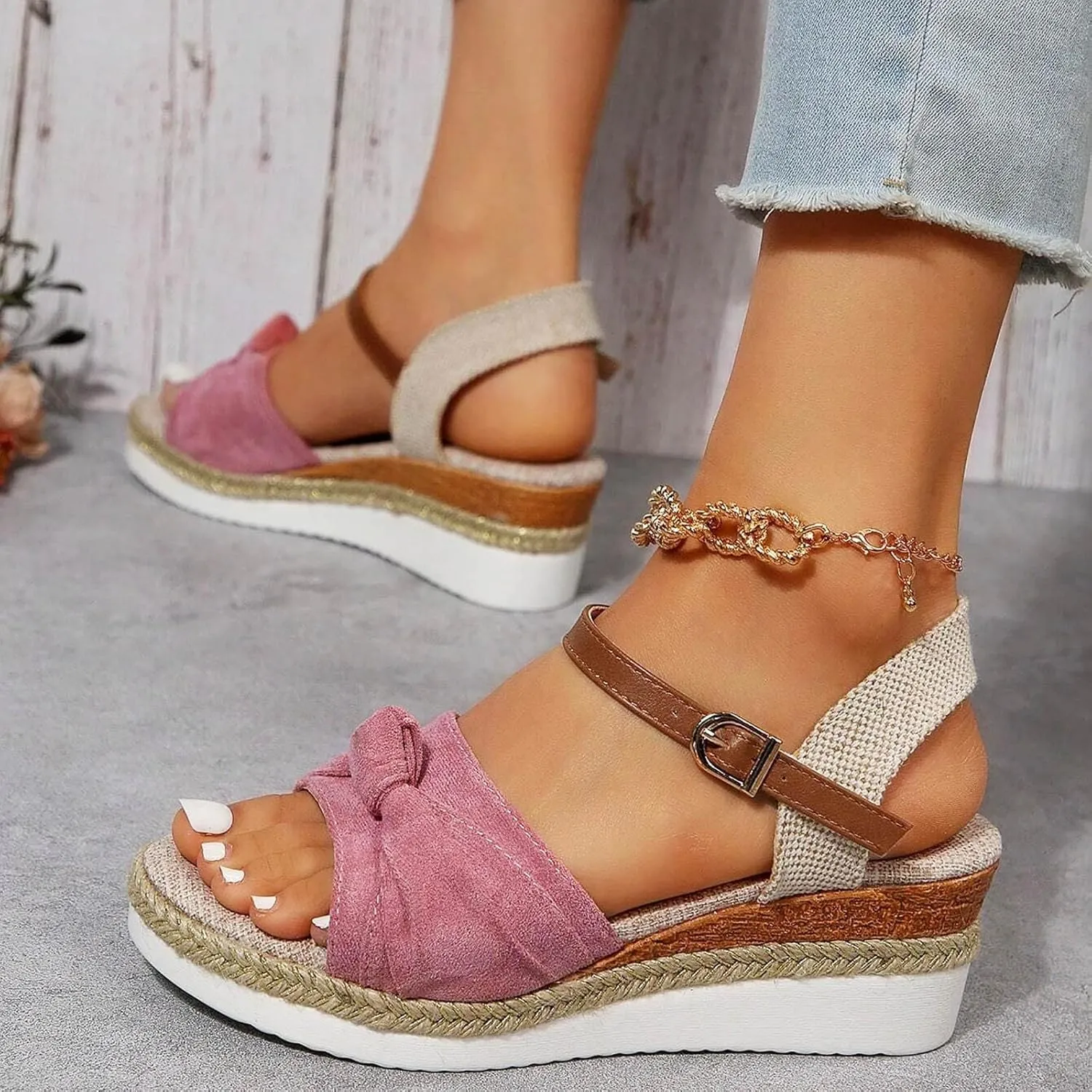 Orthopedic Platform Wedge Sandals for Women Summer Dressy 2025 Flat Open Toe Ankle Strap Espadrilles Sandals Zipper Casual Strappy Slip on Sandals Beach Boho Sandals Comfortable Outdoor Shoes (7.5)