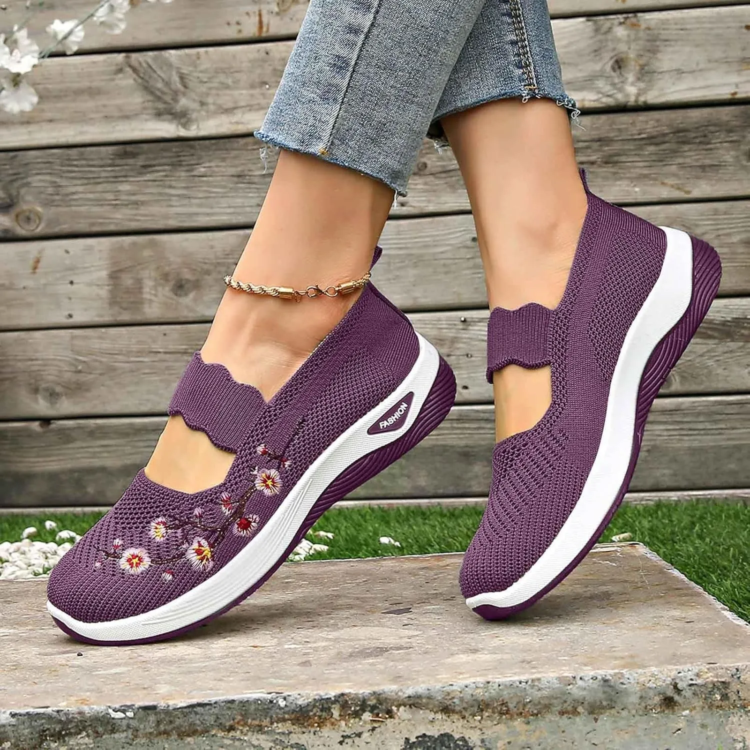 Orthopedic Shoes for Women,Embroidered Flower Shoes,Woven Breathable Soft Arch Support,Nurse Shoeses Casual Walking Sneakers